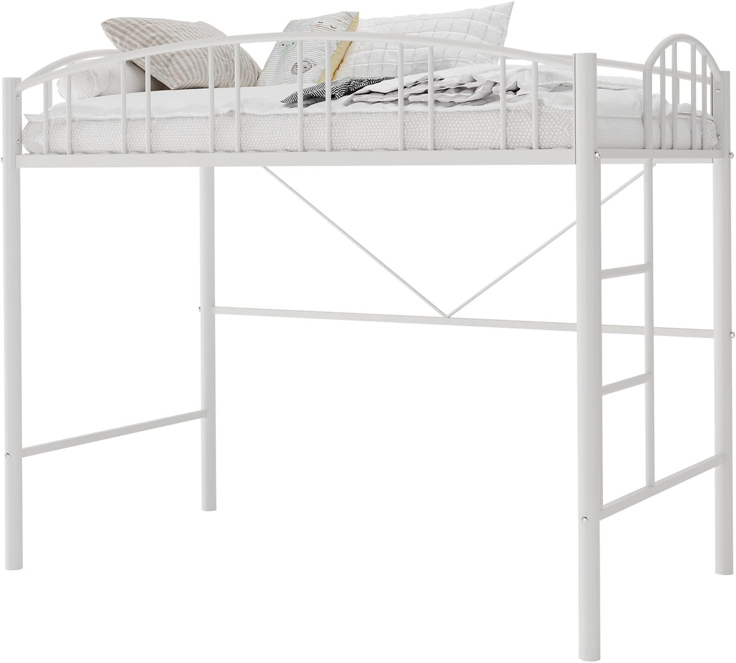 Cama Alta de Metal Resistente Tamanho Solteiro com Escada e Guarda-Corpo Arqueado, Suporte de Estrados de Aço Resistente, Design que Economiza Espaço – Branco
