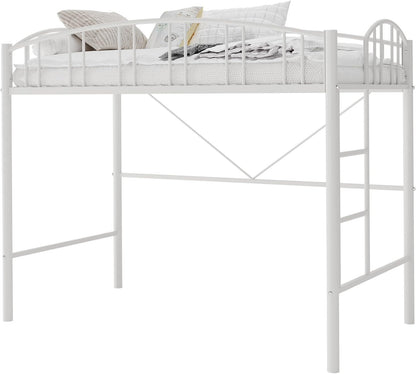 Cama Alta de Metal Resistente Tamanho Solteiro com Escada e Guarda-Corpo Arqueado, Suporte de Estrados de Aço Resistente, Design que Economiza Espaço – Branco