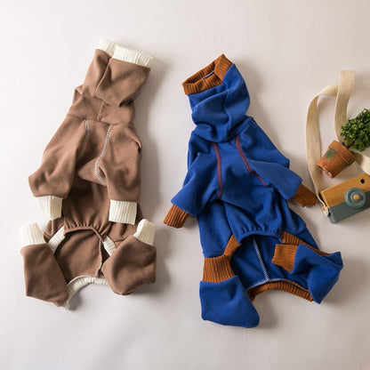 Roupas de cachorro, pelúcia, quente, gola alta, quatro patas, ligeiramente elásticas, estilo "Little Lingti", roupinhas "Huibit", base quente de quatro patas.