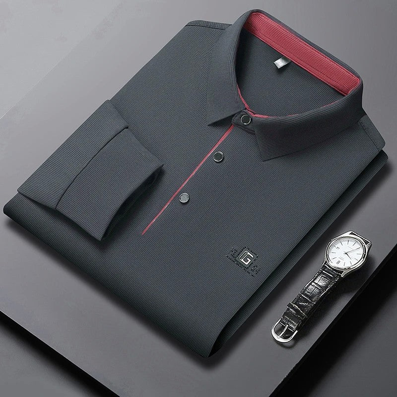 New Men's Business Casual Long Sleeved Shirt with Badge Solid Color Polo Shirt Fashionable Breathable Comfortable Versatile Top