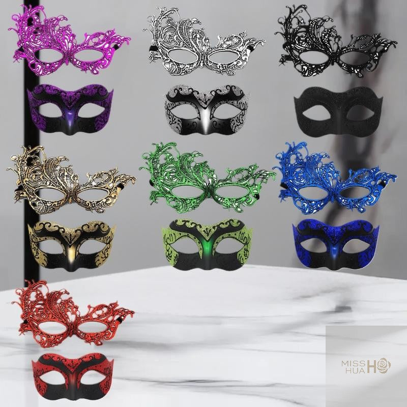 Set of 2, Couple's Elegant Black Lace Masquerade Masks for Costume Parties