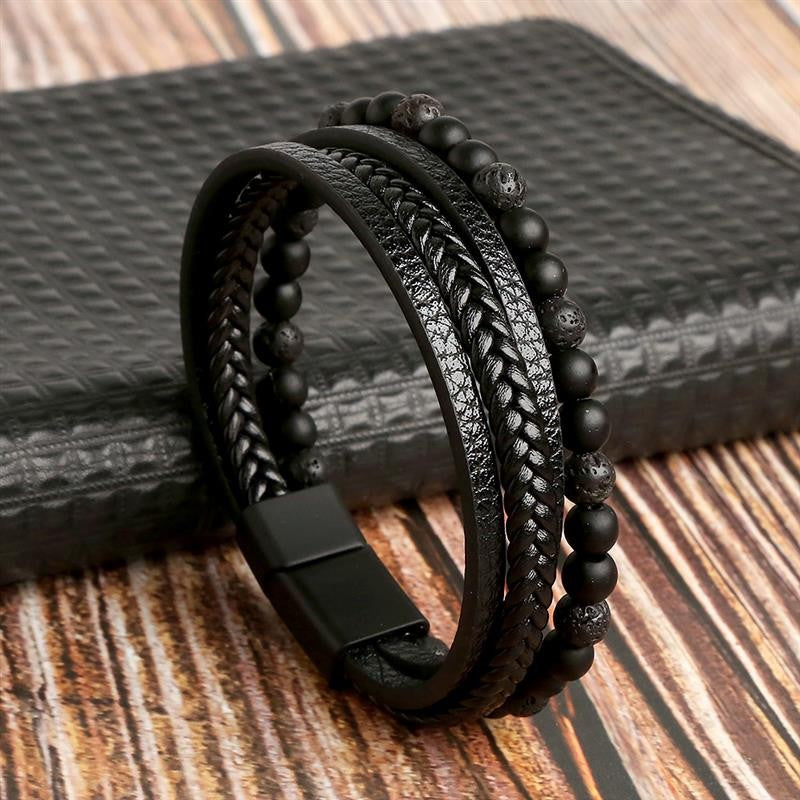 Pulseira de Couro Jiayiqi Masculina Punk Hip Hop Metal Charm Contas Olho de Tigre Pulseira Multicamadas para Homens Joia da Moda Presente