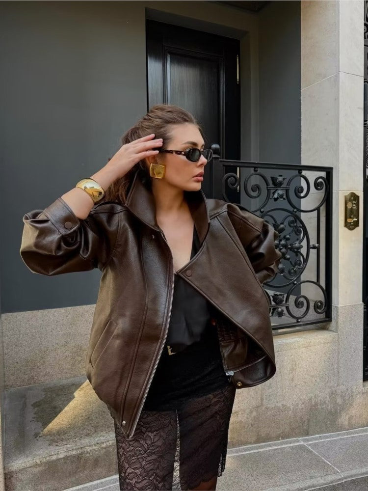 NERHEFZ Women Leather Jacket with Zipper Autumn Asymmetry Turn Down Collar Long Sleeve Button Lady Coats Causal Female Chic Tops