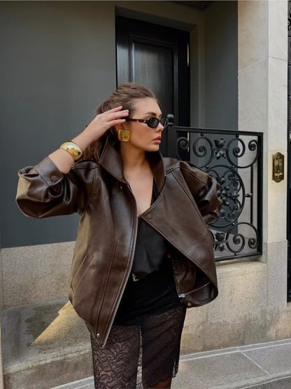 NERHEFZ Women Leather Jacket with Zipper Autumn Asymmetry Turn Down Collar Long Sleeve Button Lady Coats Causal Female Chic Tops