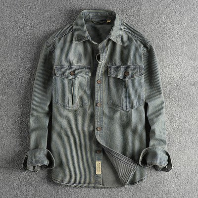 Autumn New American Retro Long Sleeved Lapel Denim Striped Cargo Shirt Men's Simple 100% Cotton Washed Old Casual Blouses Coat