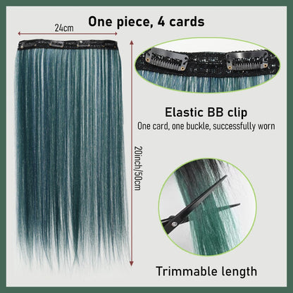 Apliques de cabelo liso sintético 50cm com 4 mechas coloridas, rabo de cavalo de clipe, perucas rosa/azul/roxa, perucas de Halloween/Natal