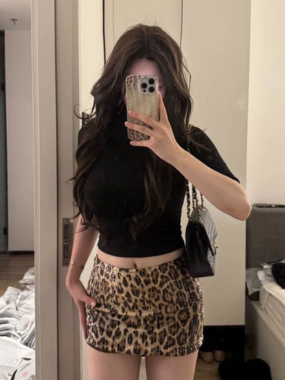 Dulzura Summer Latest Fashion Elegant High Waist Sequins Sexy Slim Leopard Print Short Skirt Party Club Street Clothes Wholesale