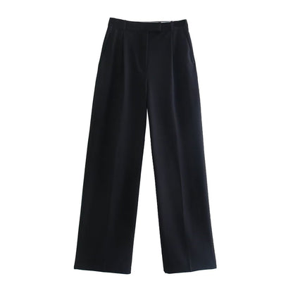 TRZA Women Fashion With Darts Front Pockets Wide Leg Pants Vintage High Waist Zi