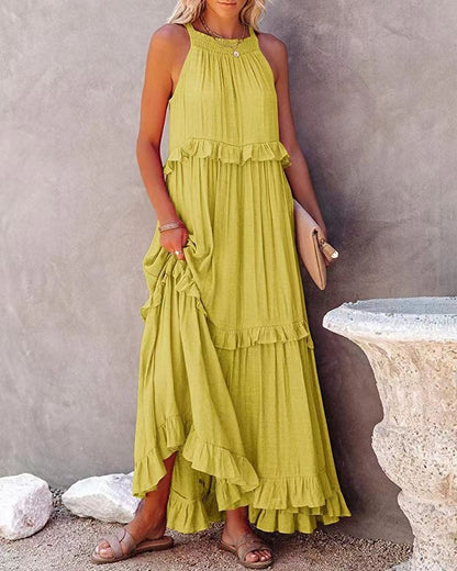 Women Casual Solid Ruffles Long Dress Summer Elegant Sleeveless Sundress Elegant