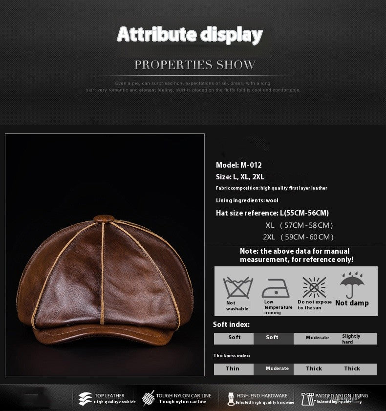 Men's Genuine Leather Warm Octagonal Cap Elegant Adjustable Newsboy Beret Cowhide Tongue Cap
