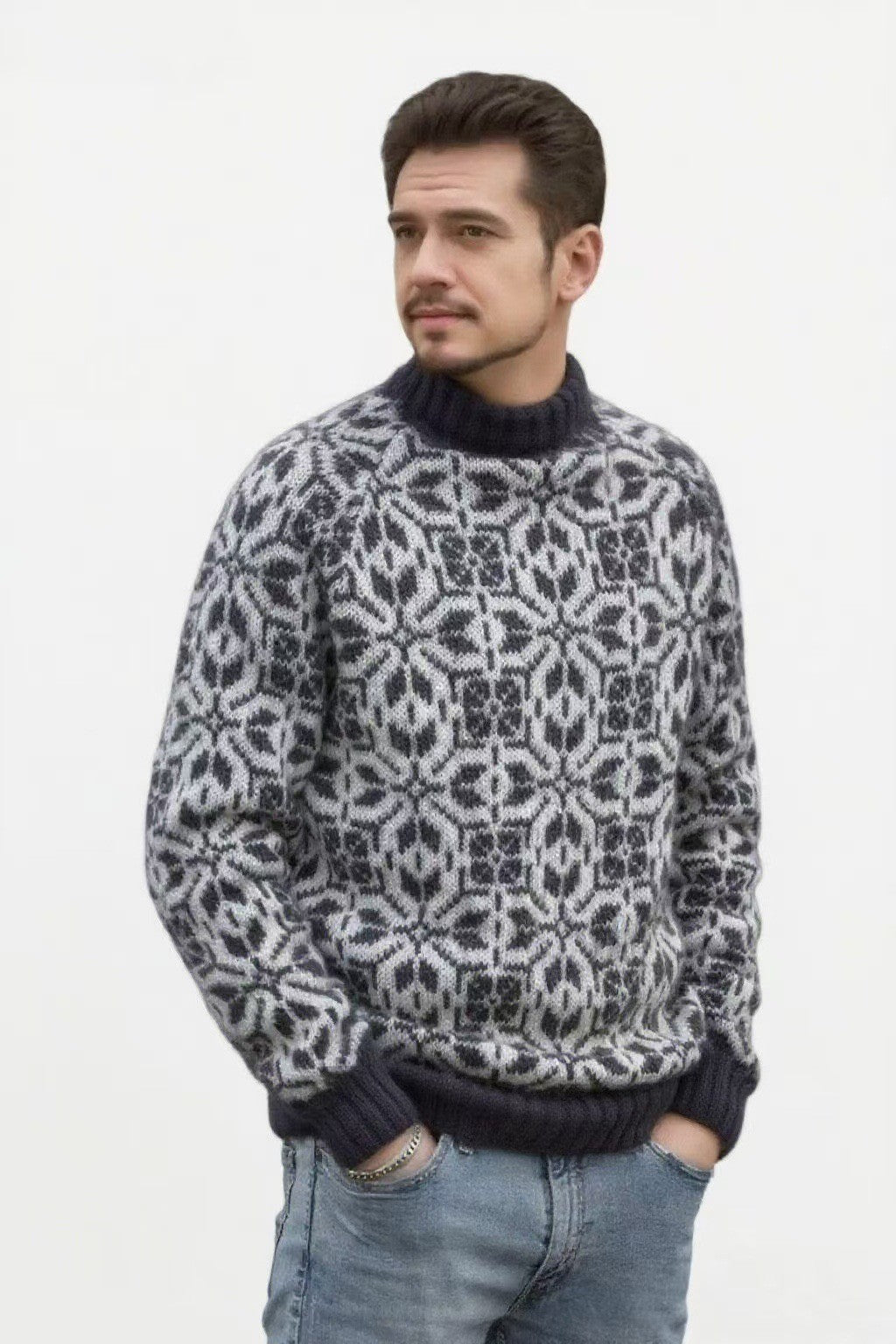 New Style Simple Retro Fresh Jacquard Sweater Loose Street Pullover Contrast Color Long Sleeve Knitted