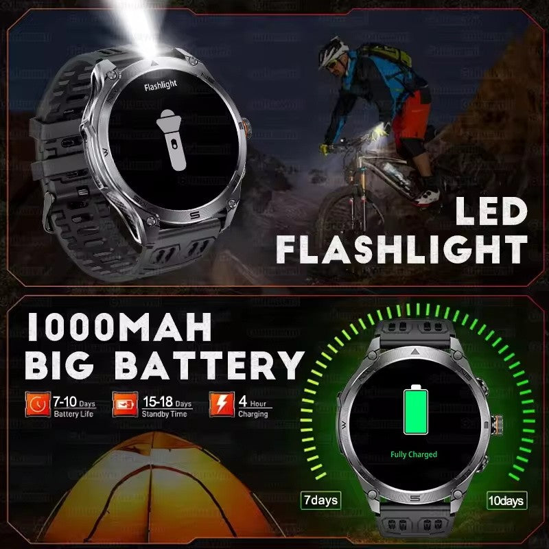 Novo Smartwatch Militar Bateria de 1000mAh Rastreamento GPS Bússola 10ATM À Prova D'água Tático Esportivo Lanterna Chamada BT Smartwatch Para Homens