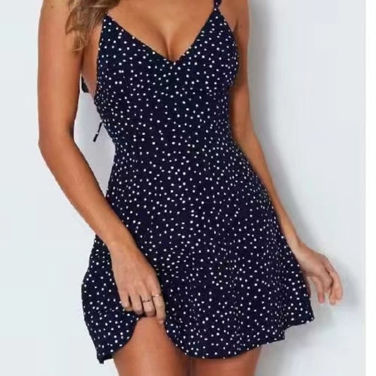 Sexy Summer Sleeveless V-neck Camisole Dress Women Straps Slim Lace-up Polka Dot Mini Sundress Casual Backless A-Line Vestidos