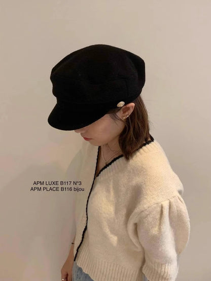 Korean Blogger Same Style Metal Button Autumn Winter Maillard Duck Bill Hat Woolen Newsboy Cap Eight Panel Hat for Women