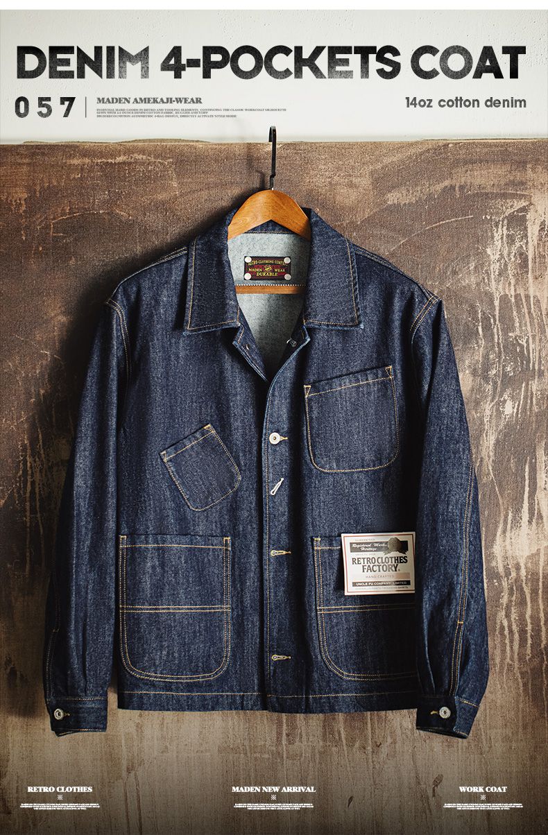 Maden Vintage Asymmetrical Four-pocket Design Denim Coat for Men 14OZ Single-breasted Turn-down Collar Jacket Autumn Work Coat