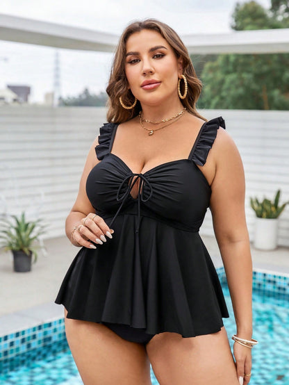 VigoJany 2025 Sexy Solid Verge Strapped Plus Size Tankini Set Women Hollow Push Up Swimsuit High Waist Backless Bathing Suit
