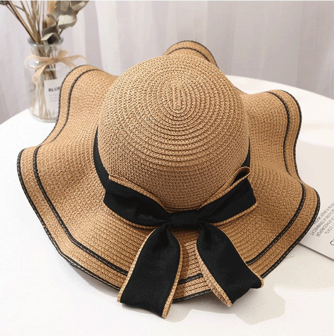 Beach HatJapanese Everything Hairy Edge Straw Hat Female Summer dome  Top Outing Sun Hat Small Fresh Bow Sun Shade Beach Hat