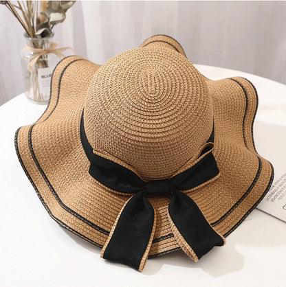 Beach HatJapanese Everything Hairy Edge Straw Hat Female Summer dome  Top Outing Sun Hat Small Fresh Bow Sun Shade Beach Hat