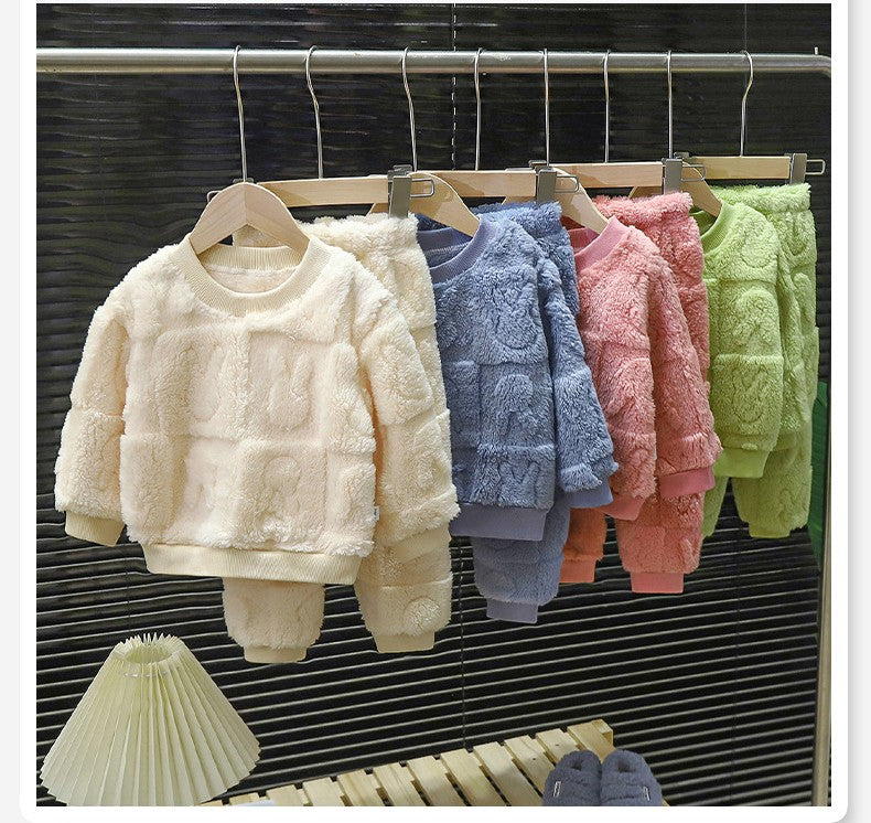 Conjunto de Pijama Infantil Quente Outono e Inverno Meninos e Meninas Roupas Grossas para Casa Roupas de Bebê de Pelúcia Roupas Infantis