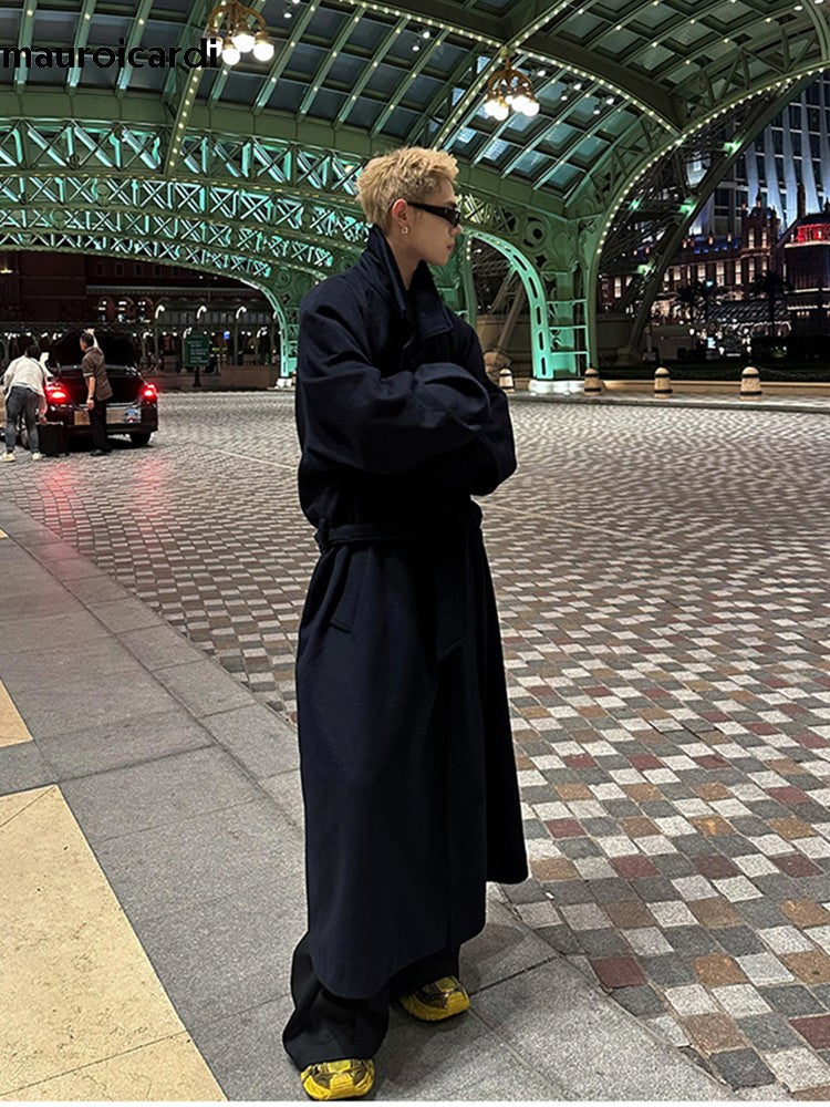 Mauroicardi Autumn Winter Oversized Extra Long Warm Navy Blue Wool Blends Coat Men Loose Luxury Designer Woolen Overcoat 2024