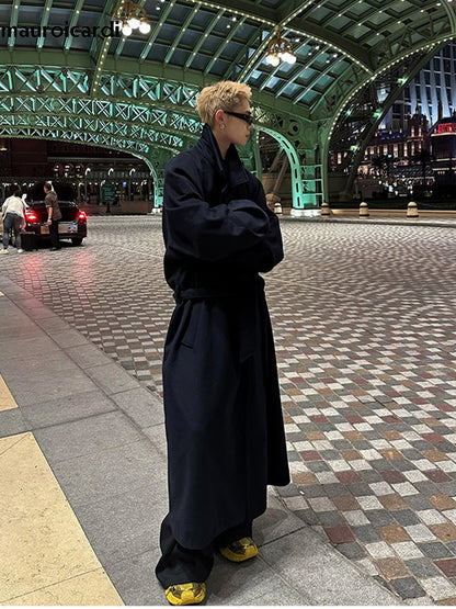 Mauroicardi Autumn Winter Oversized Extra Long Warm Navy Blue Wool Blends Coat Men Loose Luxury Designer Woolen Overcoat 2024