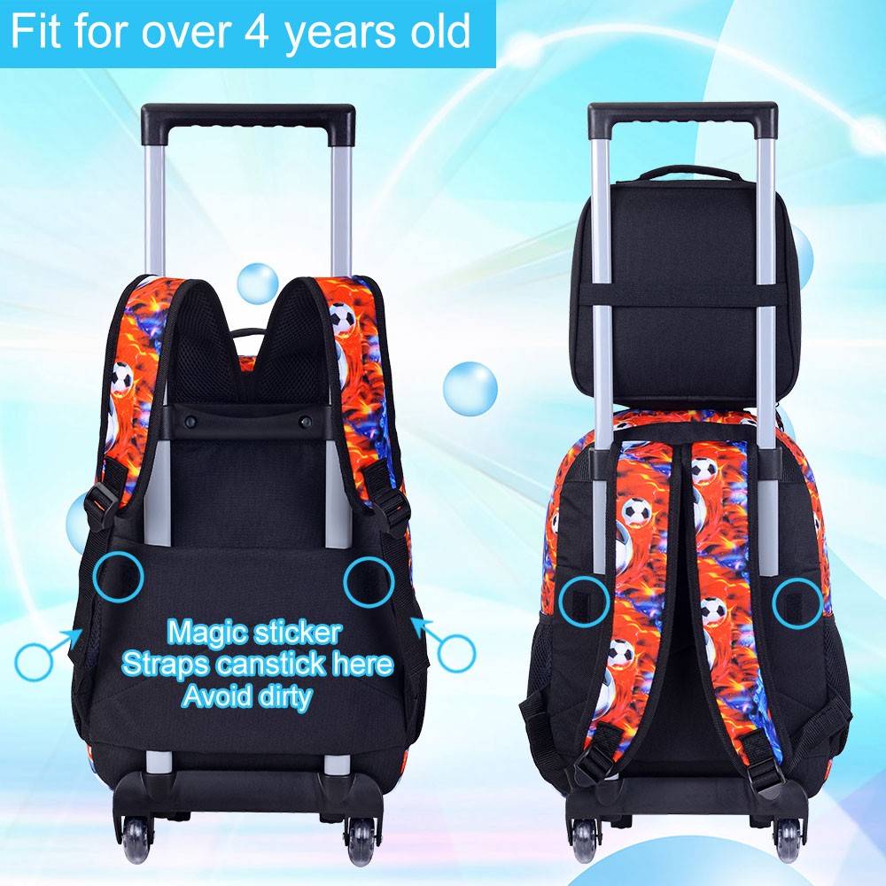 Mochila de rodinhas 3 peças para meninos, mochila com rodinhas para crianças, mochila escolar com rodinhas e lancheira - futebol