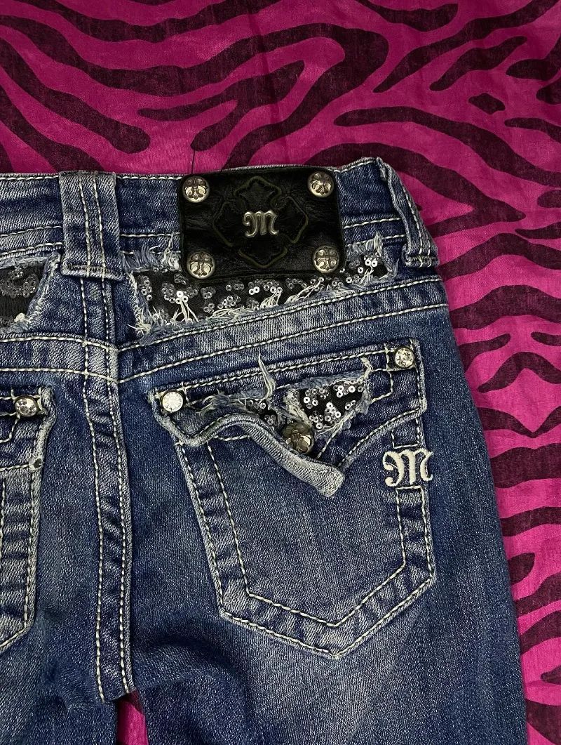 Retro Miss Me Boot Cut Jeans Female Y2K New Blue Jeans Embroidered Wing Pocket Hip Hop Harajuku Gothic Wide Pants Street Wear