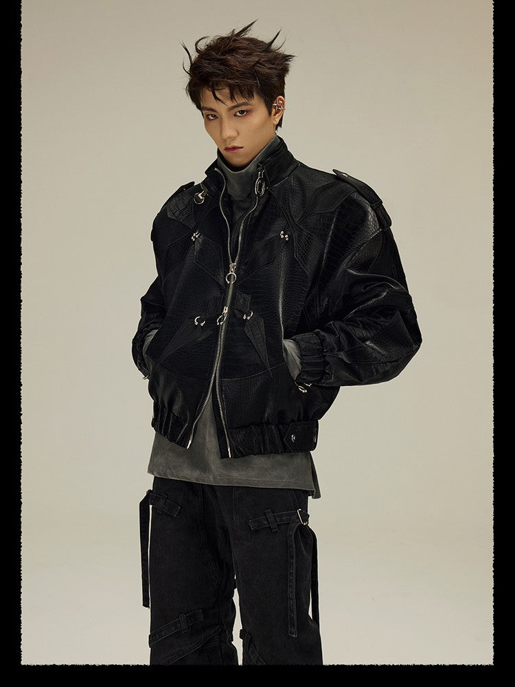 Mauroicardi Spring Autumn Cool Short Shiny Black Crocodile Print Pu Leather Jacket Men Luxury Designer Y2K Streetwear Clothes