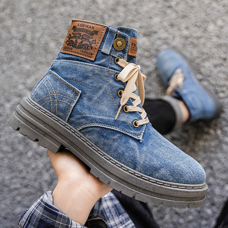 Retro blue men's denim boots, lace-up thick-soled boots, men's ankle boots, casual men's work shoes, Botas Hombre, size 48