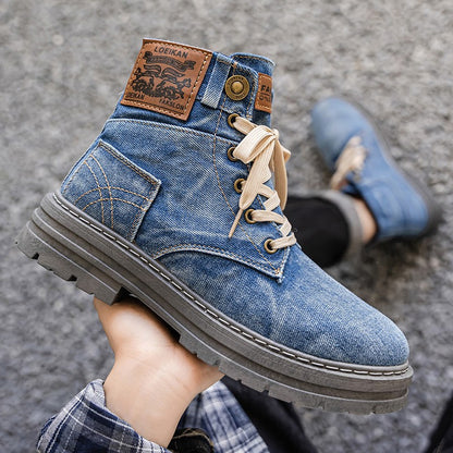 Retro blue men's denim boots, lace-up thick-soled boots, men's ankle boots, casual men's work shoes, Botas Hombre, size 48