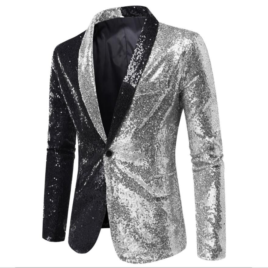 Shiny Gold Sequins Blazer for Men's New Slim Fitting Splicing Men's Suit Night Club Party DJ Stage Singer Dance Show Dress Homme