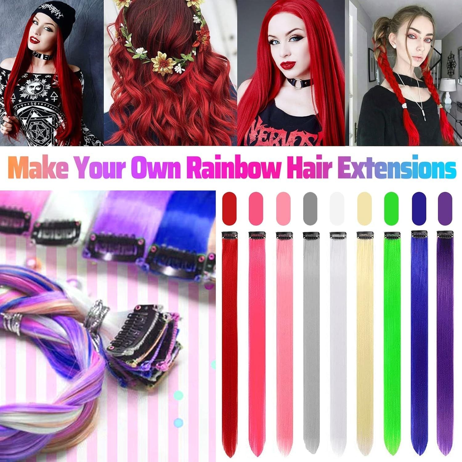 Red Hair Extensions Clip in, Colored Party Highlights Extension for Kids Girls Synthetic Hairpiece Straight 22 inch good 2026