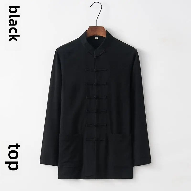 Spring Summer Long Sleeve Thin Men's Shirt Tang Suit Bamboo Cotton Linen Casual Vintage Chinese Style Kung Fu Tai Chi Tea Shirt