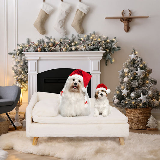Cama Elevada para Animais de Estimação, Cama Nórdica para Animais de Estimação com Almofada Aconchegante Impermeável, Sofá-Cama para Animais de Estimação com Pernas de Madeira Resistentes para Cães e Gatos Pequenos