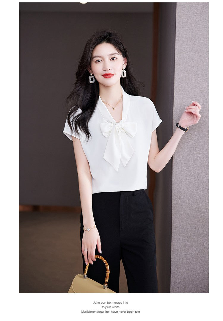 Bow Tie Blouse Shirt for Women OL Elegant Blouses Satin Womens Tops Silk Female Clothing 2023 Korean Fashion Short Sleeve Blouse