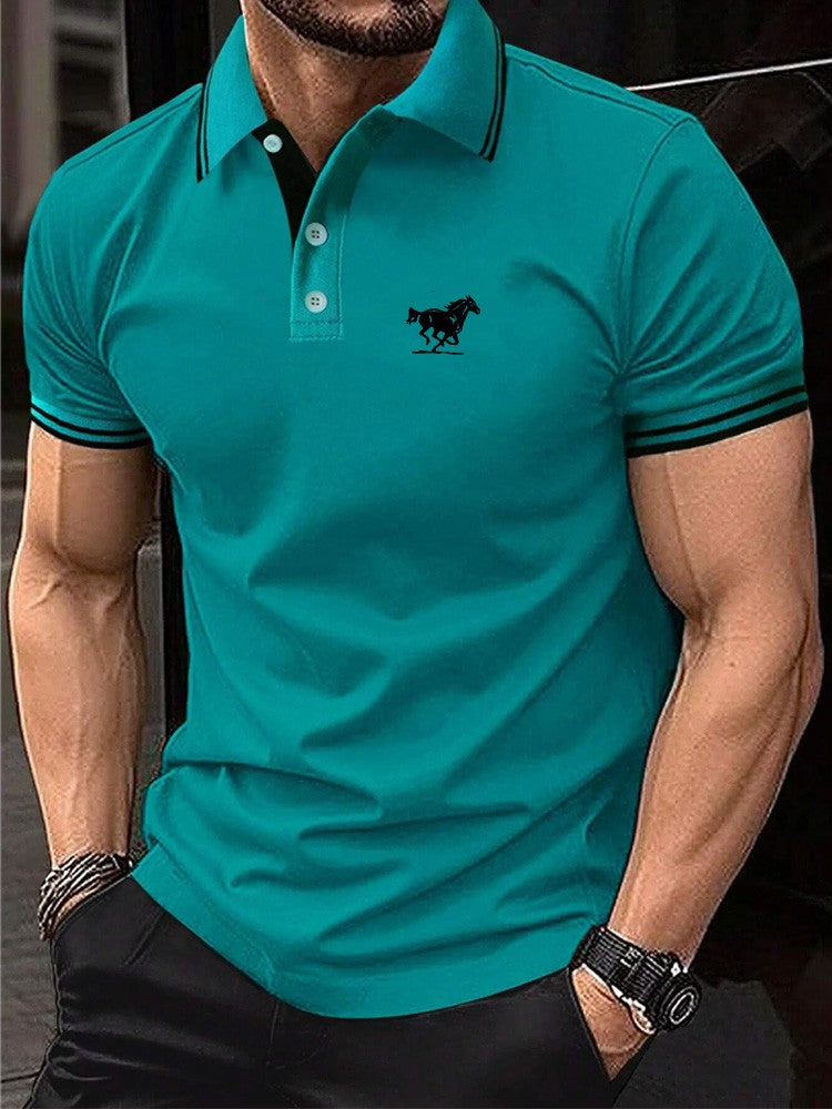 Men Horse Print Striped Trim Polo Shirt Short Sleeve Basic Modern Solid Color Golf Shirt Men's Clothing