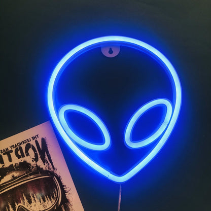 Neon Sign Alien Face Shaped Wall Hanging Lights for Home Game Room Saucerman  Plant LED Night Lamps Xmas Party Holiday Art Decor