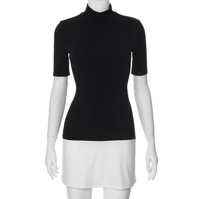Summer 2025 Turtleneck Half Sleeve Mini Dresses French Style Fashion Elegant Bla