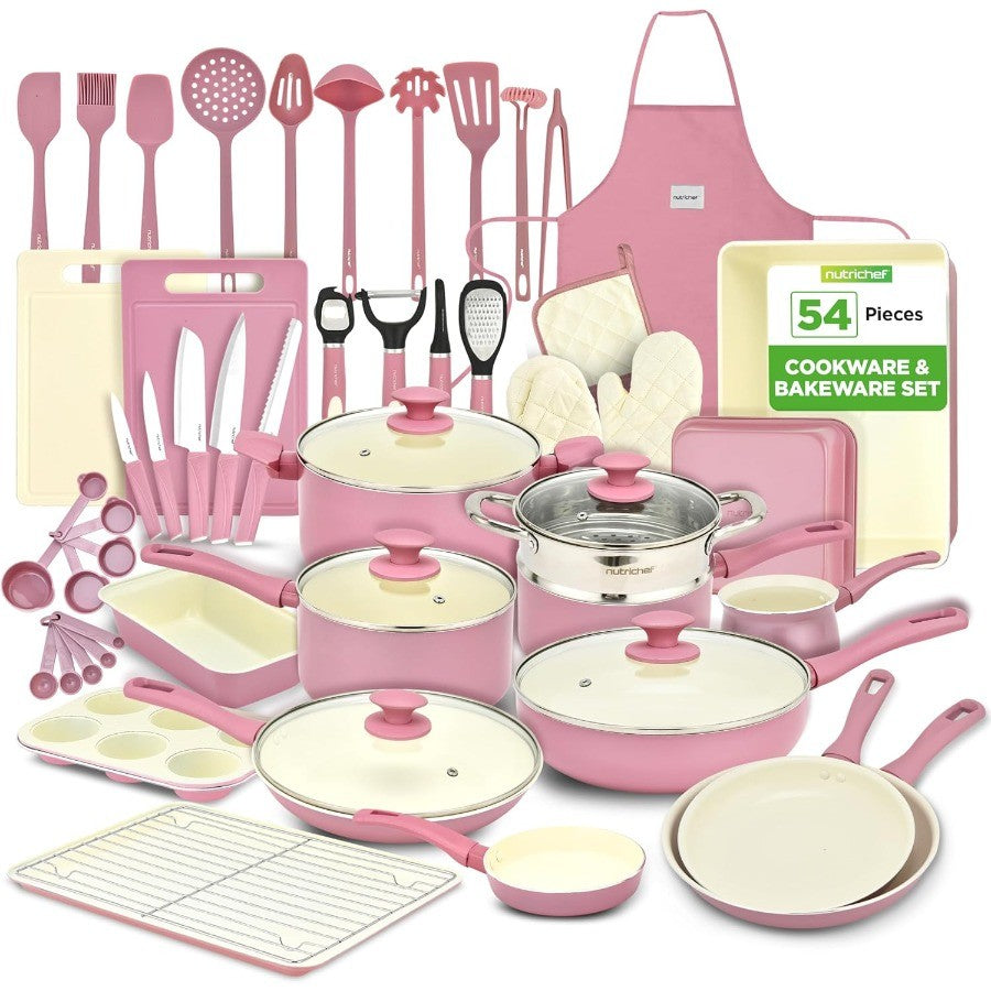 Conjunto de Panelas e Utensílios de Cozinha 54 Peças Completo Antiaderente Cerâmico com Utensílios, Assadeiras e Conjunto de Facas - Gás, Elétrico e Indução