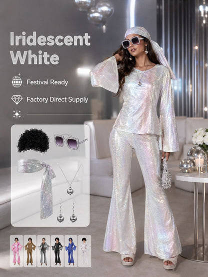 Ladies' Halloween disco party 70s disco costume set, including top, pants, sunglasses, necklace, earrings, and wig, role-playing