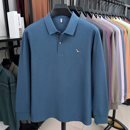 100% pure cotton spring and autumn fashionable men's collar striped long sleeved polo shirt with micro seal dog embossed design