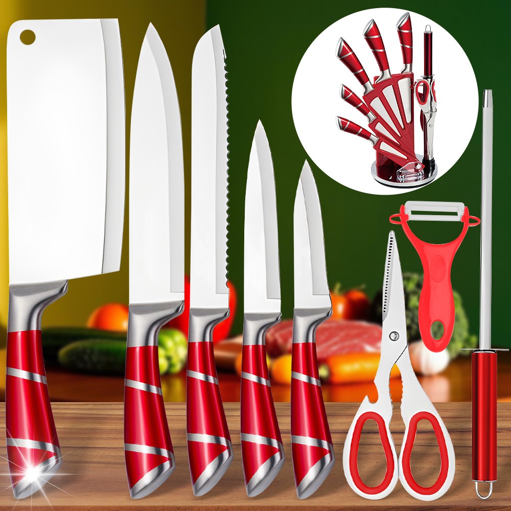 MDHAND 9 Peças Conjunto de Blocos de Facas de Aço Inoxidável com Afiador Cortar Fatiar Frutas Carne Cutelo Faca Utilitária Facas Acessórios