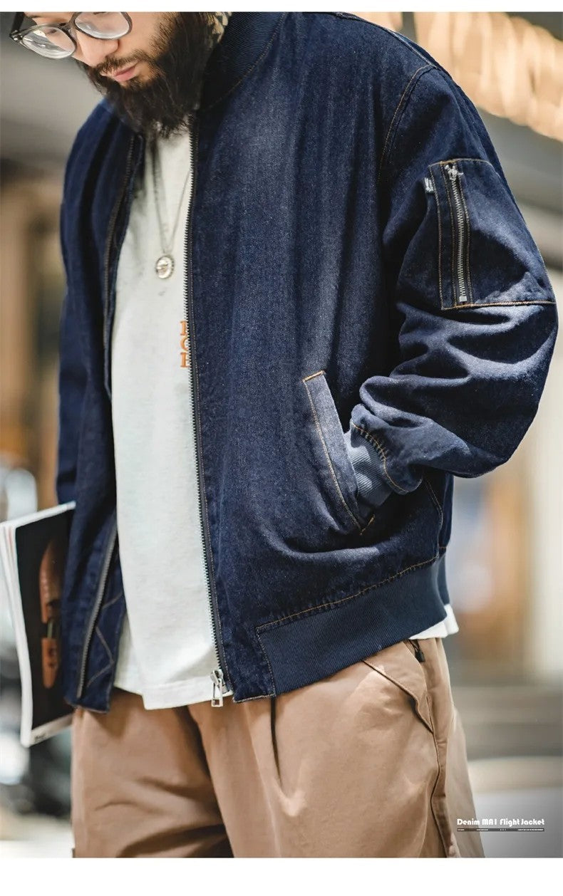 Maden Retro MA-1 Flight 8.9oz Denim Jacket Baseball Collar Bomber Jackets Casual Denim Coats for Men's Versatile Autumn Clothing