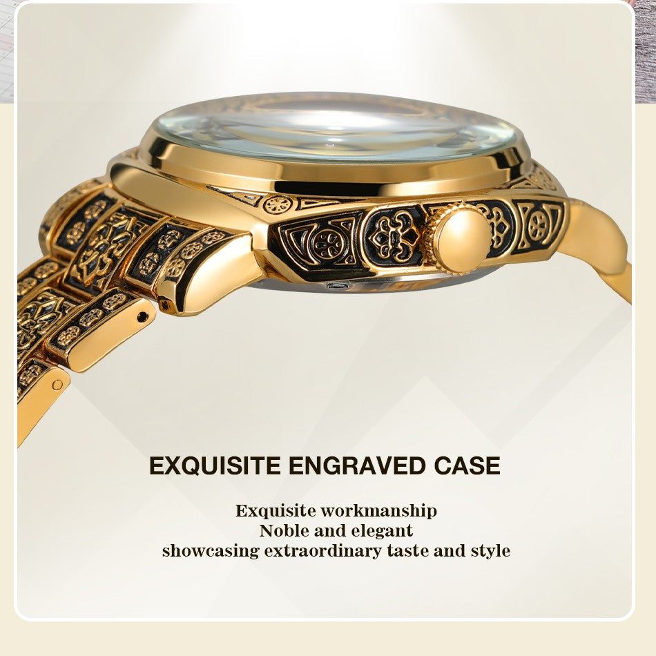 FORSINING High-end Luxury Gold Skeleton Mechanical Man Watch Automatic Movement Clock Stainless Steel Male Bronze Wrist Watches