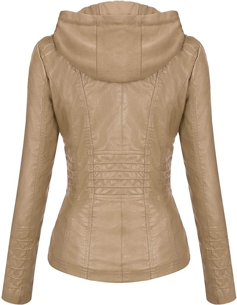 Hooded Leather Jacket Two-Piece Set Removable Large Size Leather Jacket for Women Spring & Fall Outwear for Women Pu Washed Leather