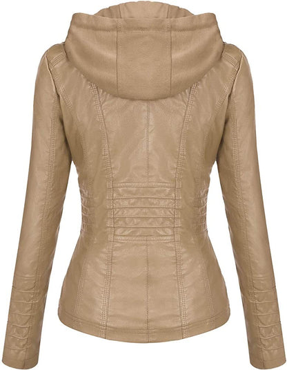 Hooded Leather Jacket Two-Piece Set Removable Large Size Leather Jacket for Women Spring & Fall Outwear for Women Pu Washed Leather