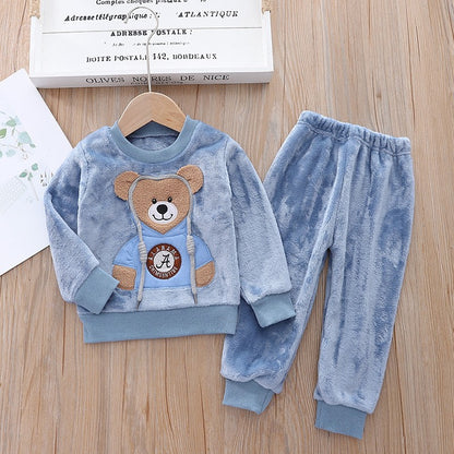 New Autumn Winter Baby Clothes Pajamas Sets Girls Pajamas Children Warm Flannel Fleece Catoon Bear Kids Sleepwear Home Suit 0-6Y