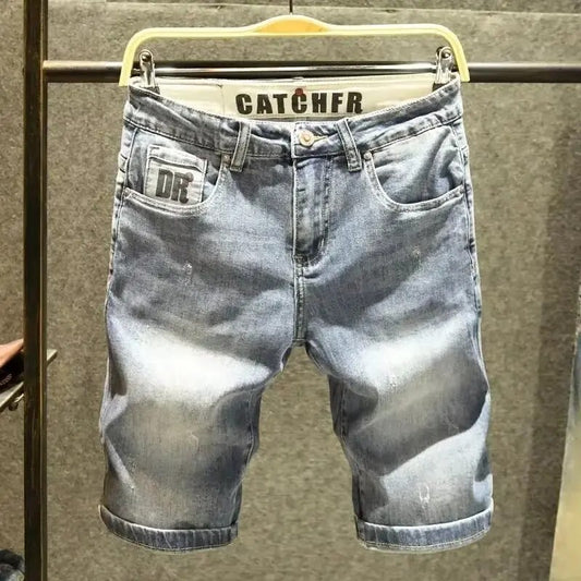 2024 Summer Denim Mid Waist Trendy Brand Printing Vintage Retro Wash Korean Style Slims Smooths Silhouette Minute Shorts Man