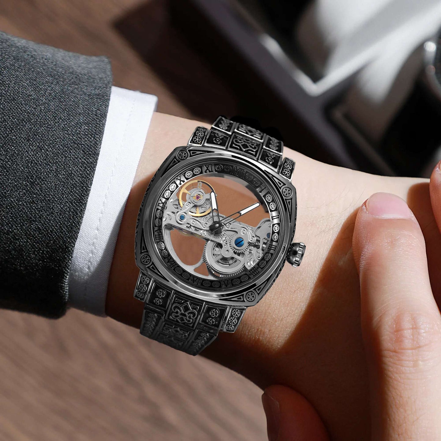 FORSINING High-end Luxury Gold Skeleton Mechanical Man Watch Automatic Movement Clock Stainless Steel Male Bronze Wrist Watches