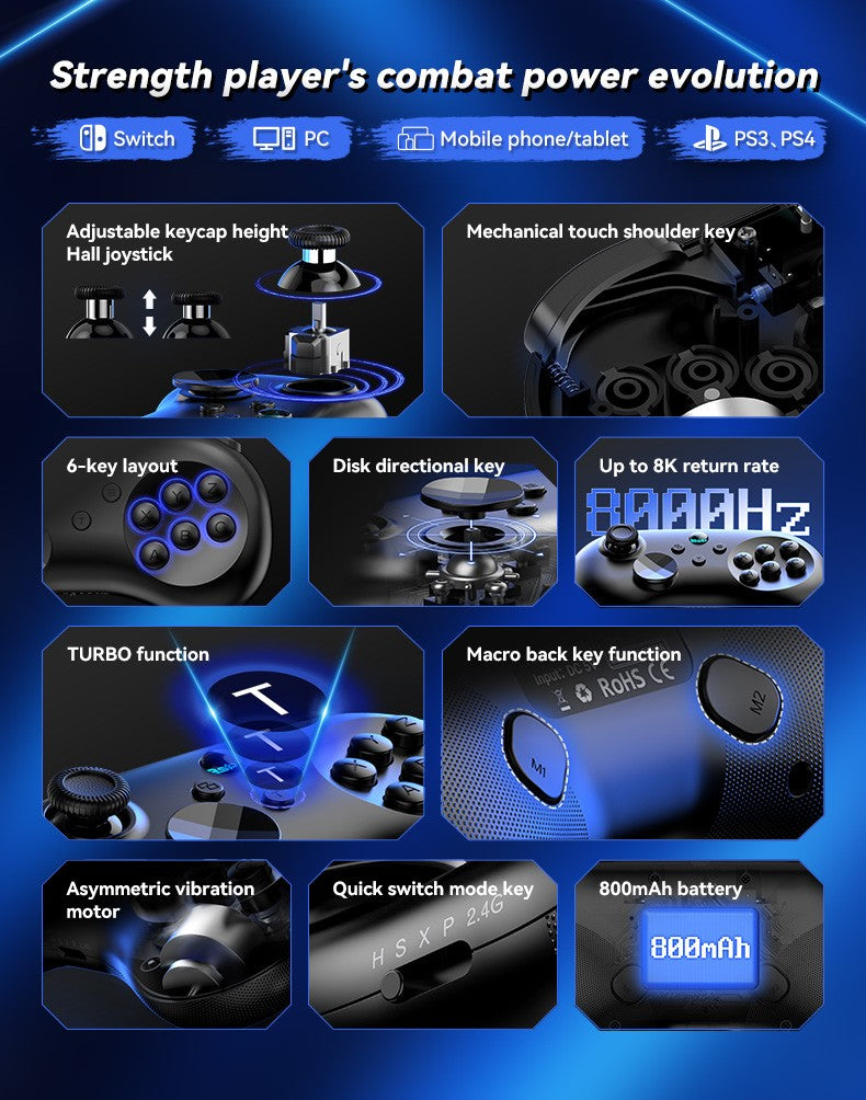 Y04 Game Controller 6-key Fighting Game Controller with Adjustable Height Hall Joystick Supporting PC/IOS/Switch/Android